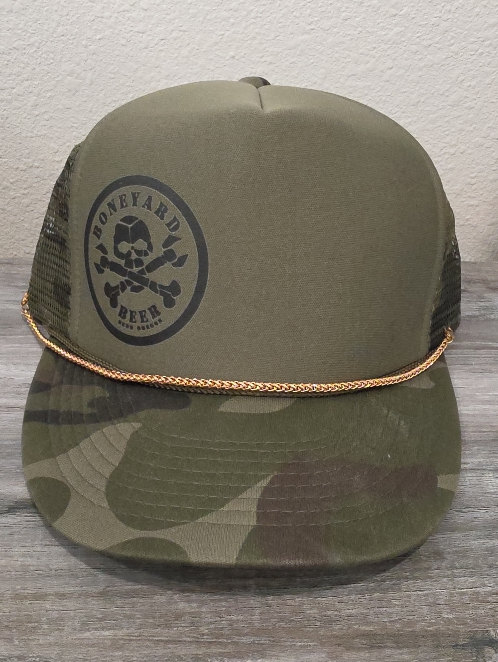 Boneyard Brewery Bend Oregon Camo Trucker Hat with Gold Hat Chain